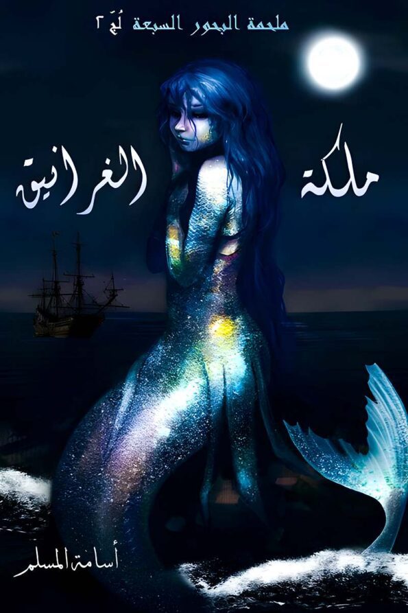 غلاف رواية "ملكة الغرانيق ملحمة البحور السبعة – الجزء الثاني" من تأليف أسامة المسلم، حيث يتجسد الصراع من أجل العرش في أعماق البحار بين القوى المتنافسة.