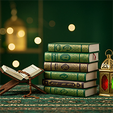 غلاف مجموعة من الكتب والروايات الإسلامية في مكتبة المراد، تتناول القيم والتاريخ والسيرة بأسلوب روحي وتربوي.